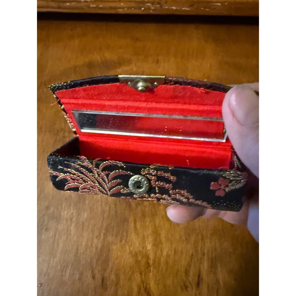 Vintage Black Brocade Lipstick Case with Mirror Floral‎ Red Gold Snap Closure